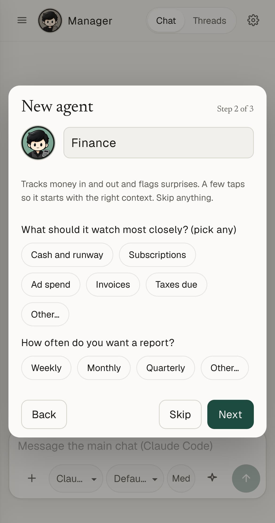 New agent, step 2 of 3, for the Finance: the role's own setup questions.