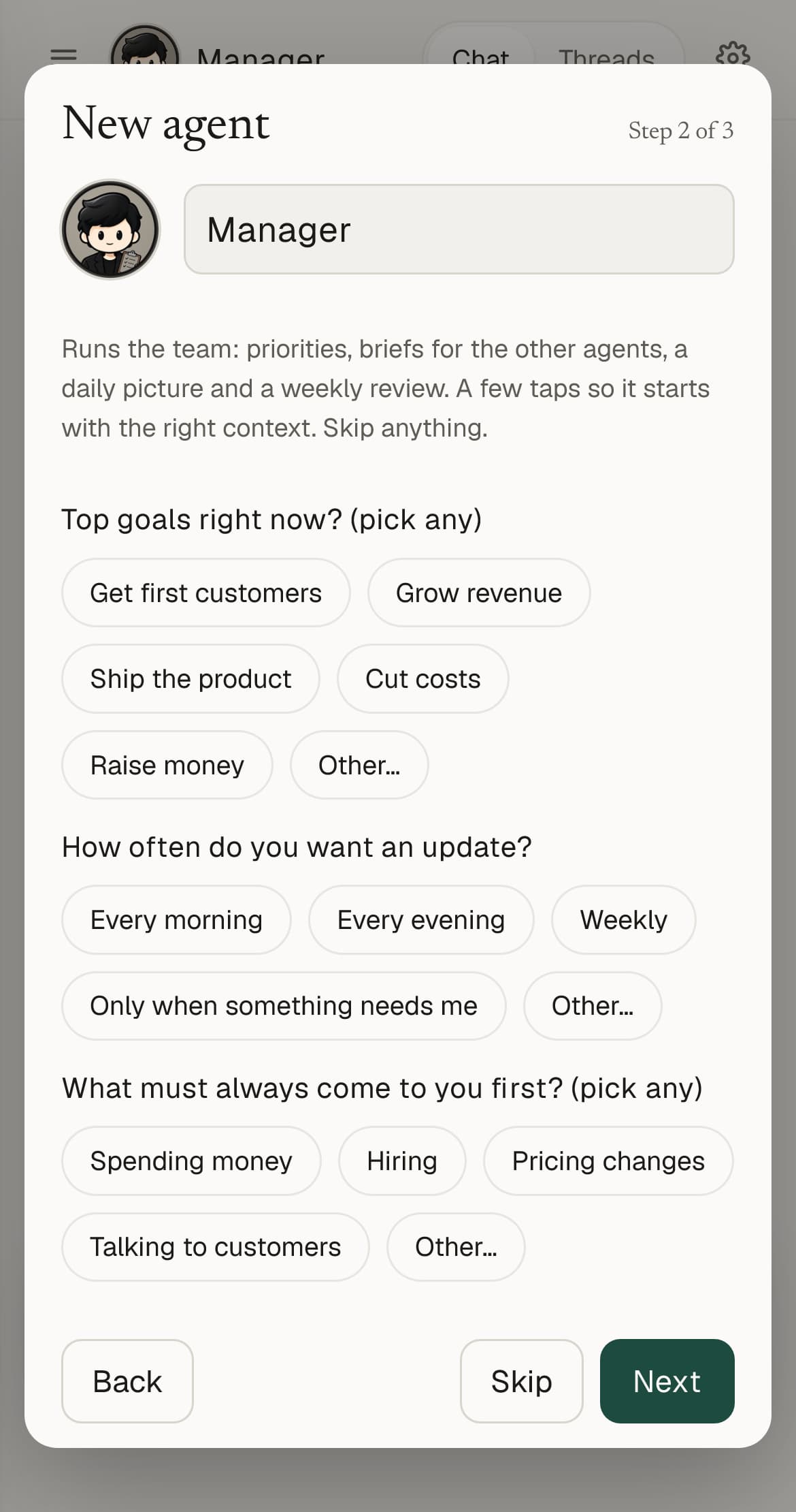 New agent, step 2 of 3, for the Manager: the real setup questions in the KrewBots app.