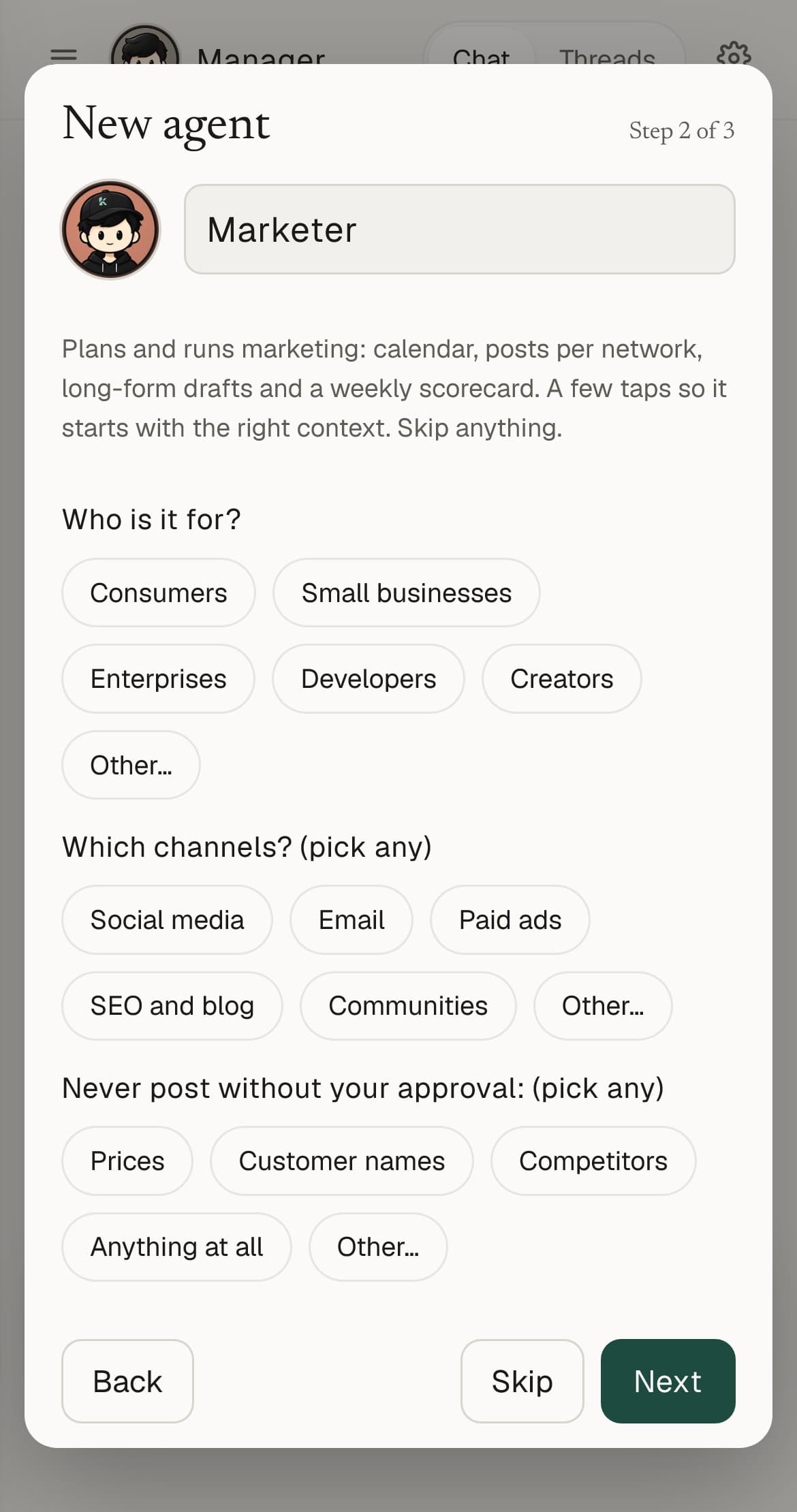New agent, step 2 of 3, for the Marketer: the role's own setup questions.