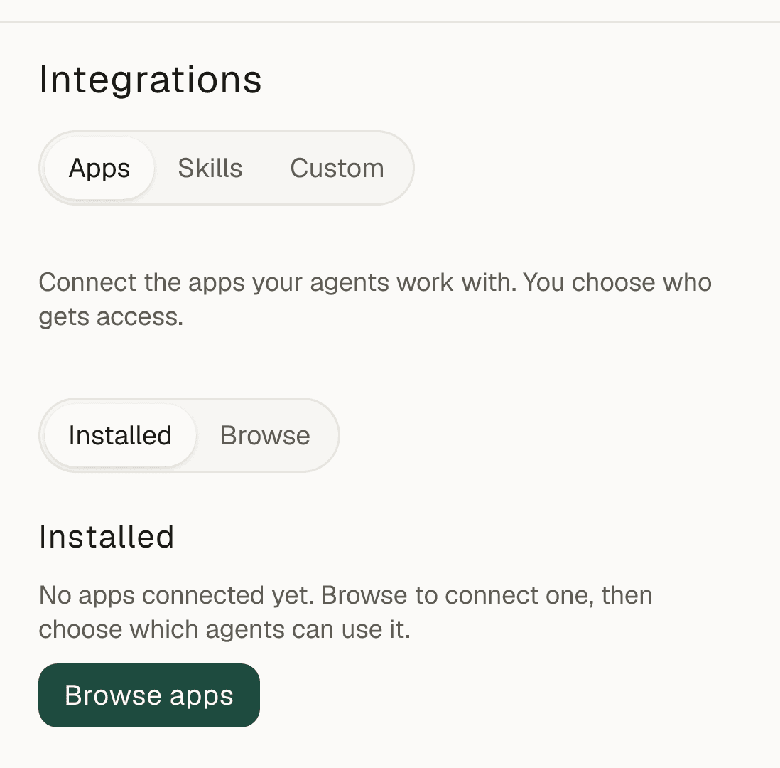 Settings, Integrations: Apps, Skills and Custom, with Browse apps.