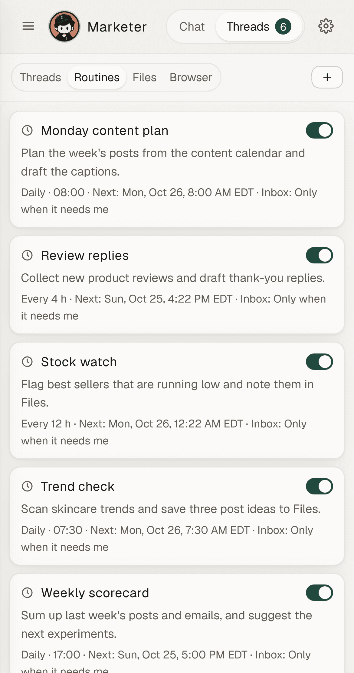 Routines: five schedules, from a Monday content plan at 8:00 to a weekly scorecard, each switched on.