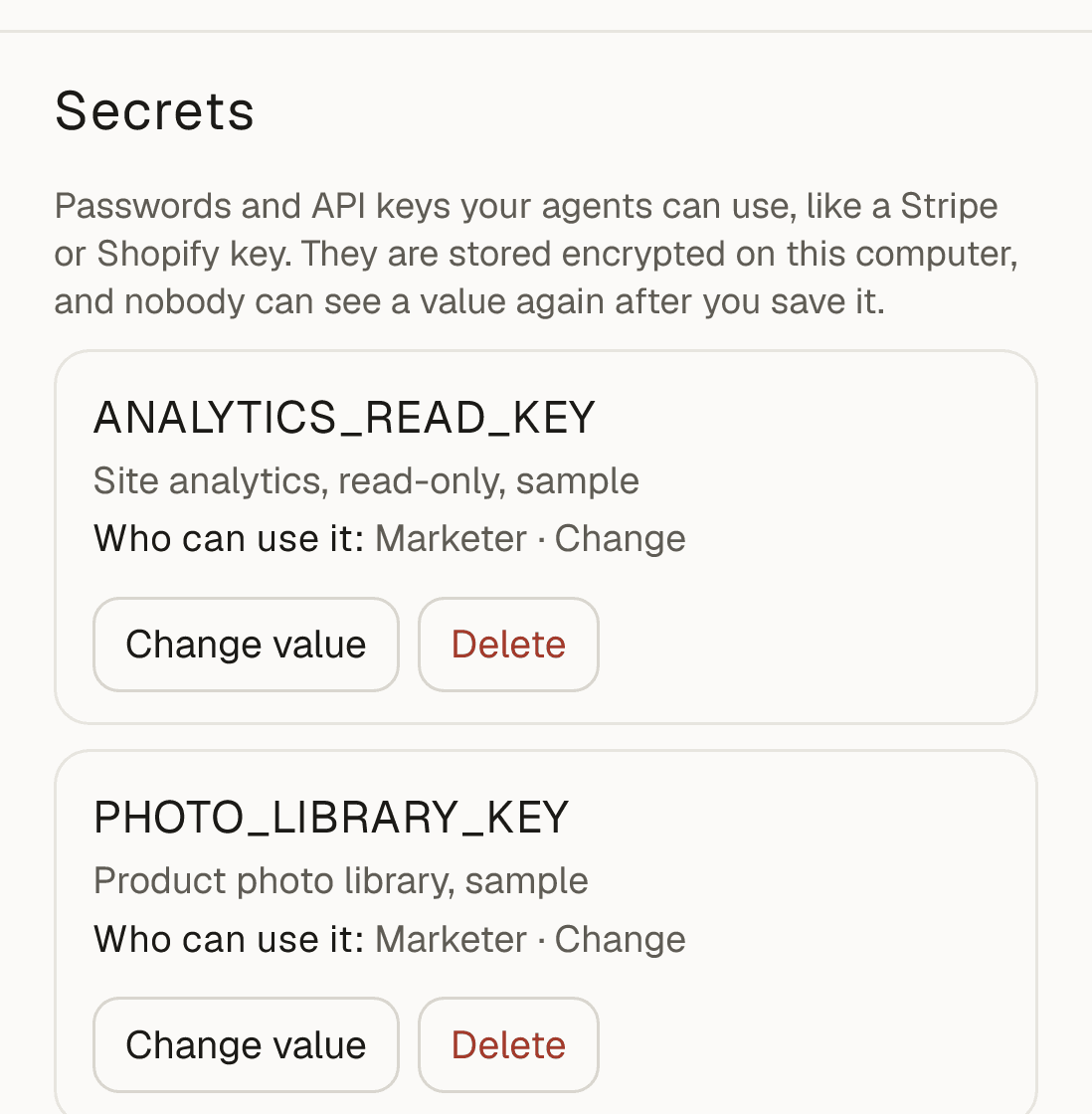 Settings, Secrets: two sample keys, each usable only by the Marketer.