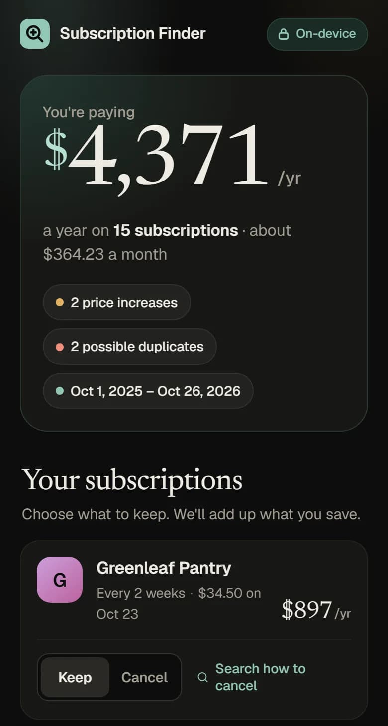 Subscription Finder on a phone: a fictional sample statement adds up to $4,371 a year on 15 subscriptions, with 2 price increases and 2 possible duplicates.