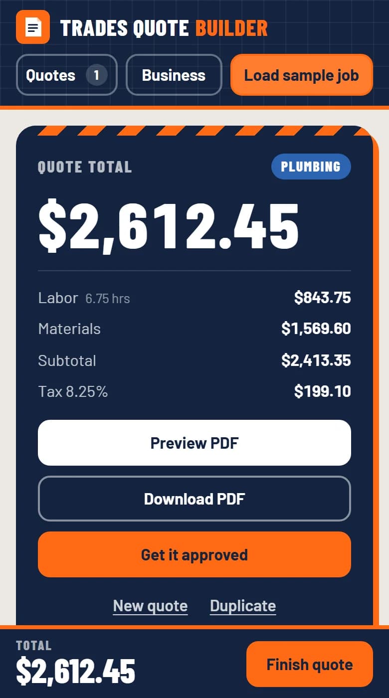 Trades Quote Builder on a phone: a fictional plumbing quote totals $2,612.45 with labor, materials and tax, and buttons to preview the PDF, download it or get it approved.