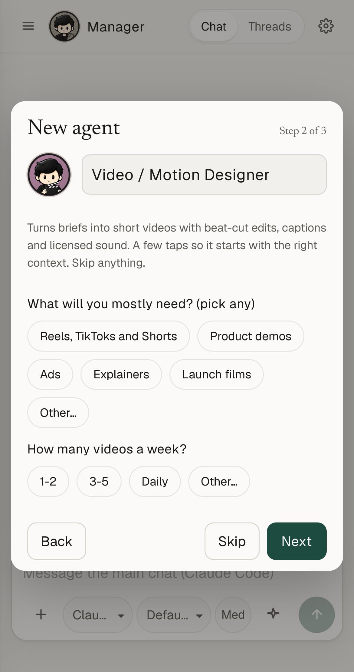 New agent, step 2 of 3, for the Video / Motion Designer: the real setup questions in the KrewBots app.