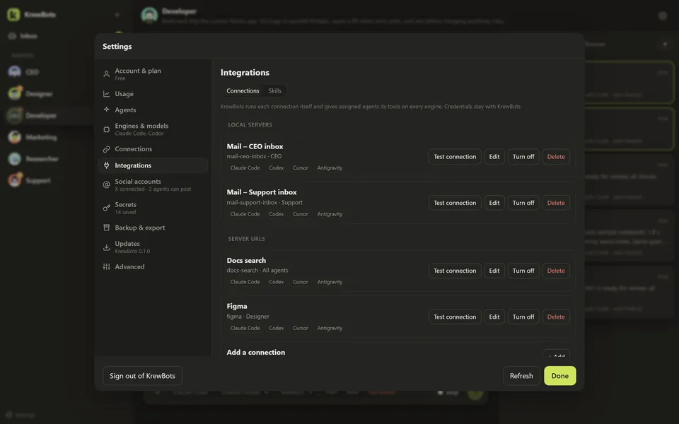 The Integrations settings in KrewBots: connected tools, each scoped to the agents that use it.