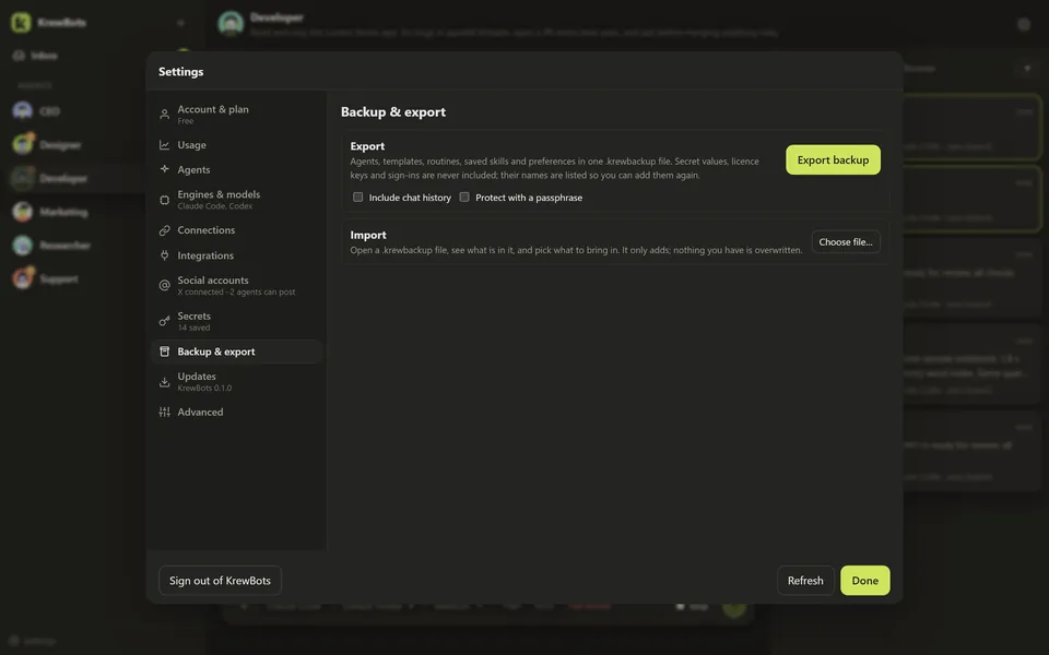 The Backup settings in KrewBots with export and restore.