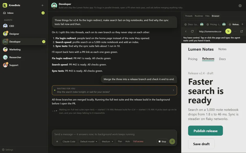An agent's own browser tabs inside KrewBots, with the Take control button.