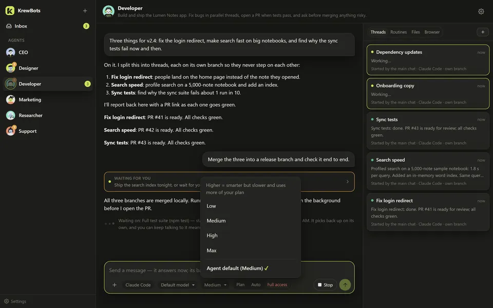 The effort picker in a KrewBots chat: quick answers or deep work.