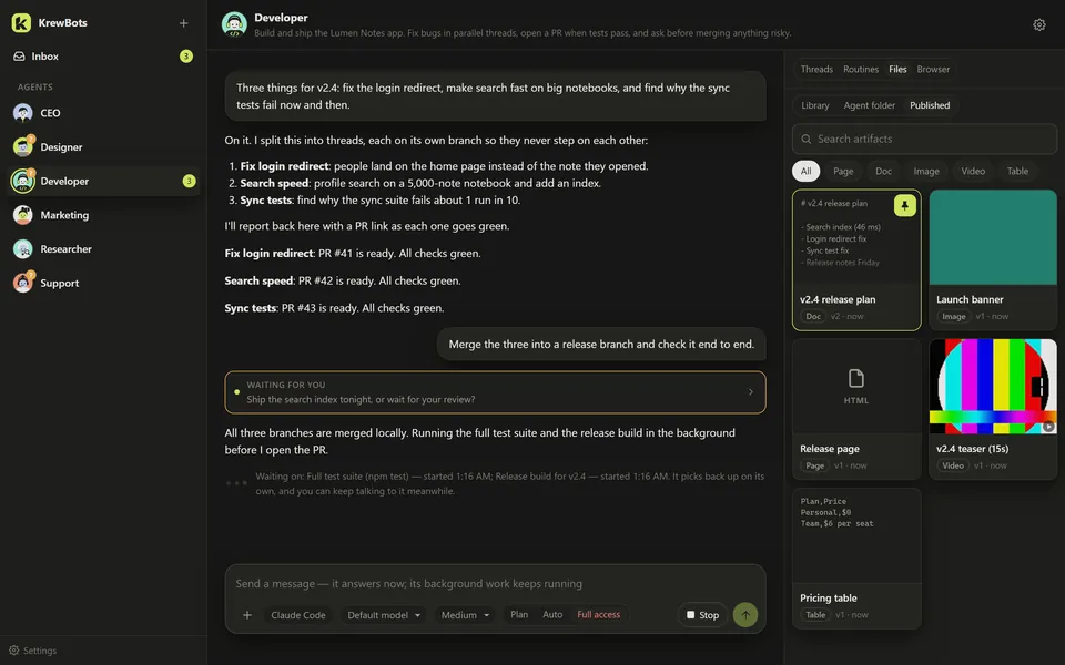 The Published tab in an agent's Files: a pricing table, a teaser video, a release page and a banner.