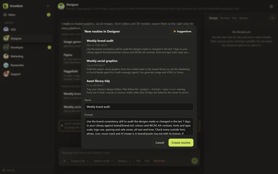 The routine editor in KrewBots with suggested routines for the role.
