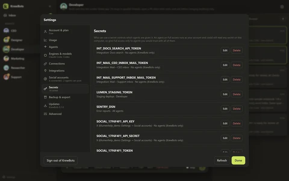 The secrets vault in KrewBots: sample keys, each scoped to the agents that need it, values masked.